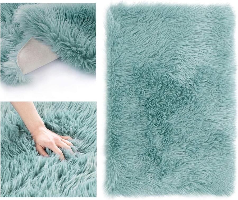 Hoogpolig blauw lamsvacht kunstbont vloerkleed rechthoekig 75x120 cm Dokka vloerkleed