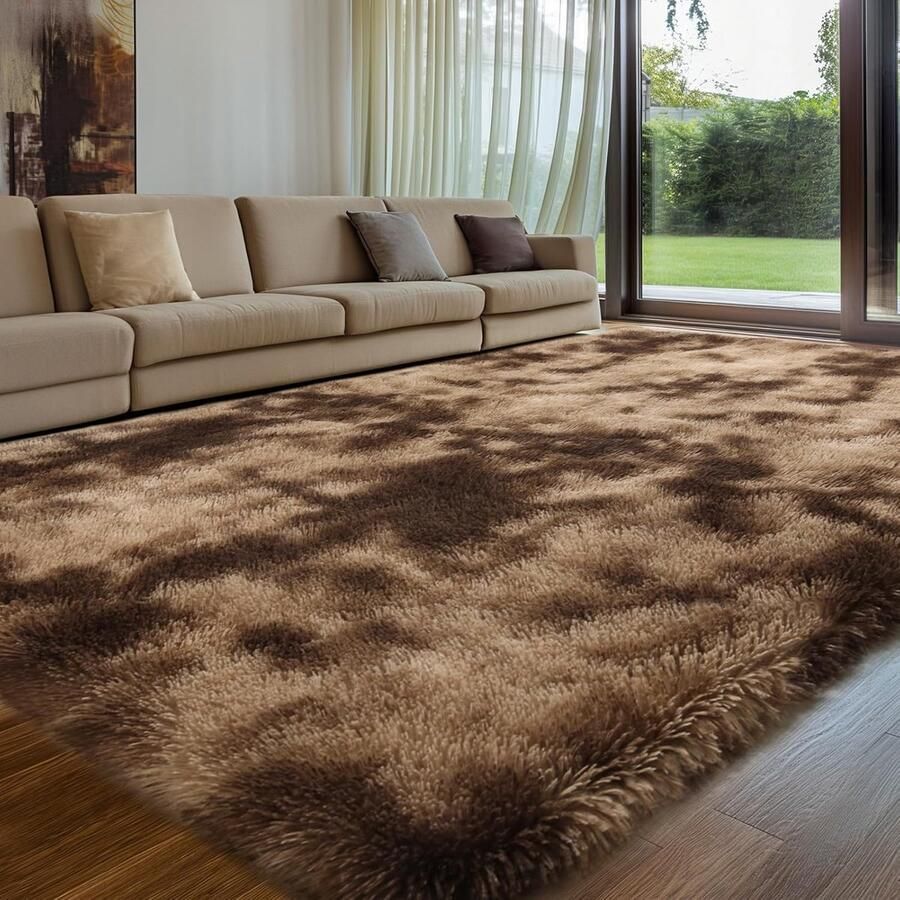 Hoogpolig bruin tapijt 240 x 300 cm – wasbaar antislip en extra groot voor woonkamer en slaapkamer