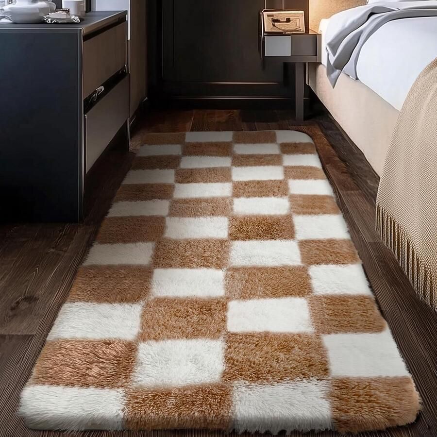 Hoogpolig Geruit Loper Tapijt 60x180cm Antislip Modern Pluizig Zacht Vloerkleed