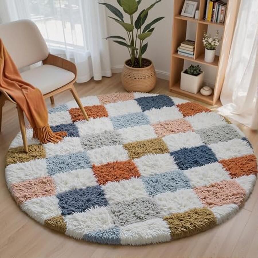Hoogpolig Geruit Rond Tapijt 120cm Shaggy Vloerkleed Multicolour Wit Antislip Voor Kinderkamer Slaapkamer Keuken en Lounge