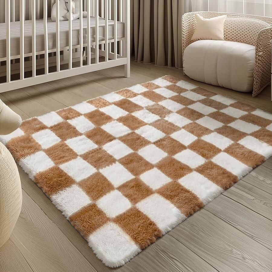 Hoogpolig Geruit Tapijt 120x180cm Modern Vloerkleed voor Woonkamer Slaapkamer en Kinderkamer