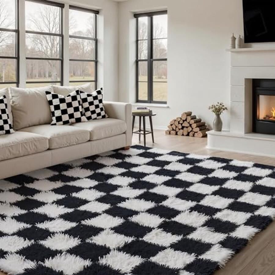 Hoogpolig Geruit Tapijt 160x230cm Zwart Wit Antislip Modern Shaggy Vloerkleed voor Woonkamer en Slaapkamer