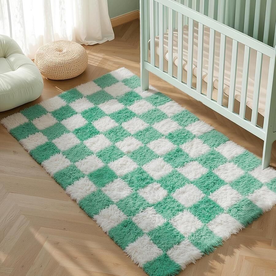 Hoogpolig Geruit Tapijt Modern Vloerkleed 120x180cm Groen Wit voor Woonkamer Slaapkamer en Kinderkamer