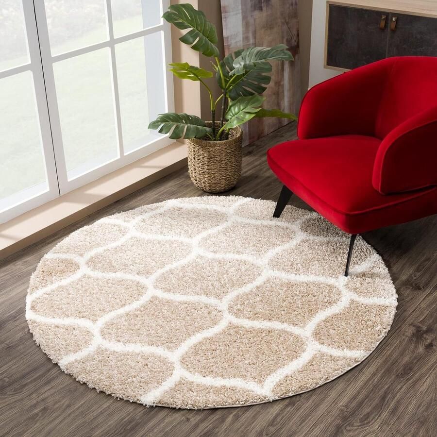 Hoogpolig Madrid Shaggy tapijt rond tapijten voor woonkamer slaapkamer keuken beige 80 cm