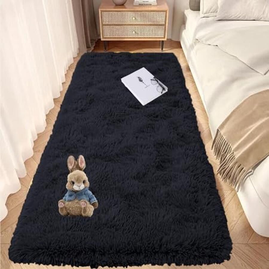 Hoogpolig Pluizig Tapijt 40 x 60 cm Anti-Slip voor Woonkamer en Slaapkamer Zwart