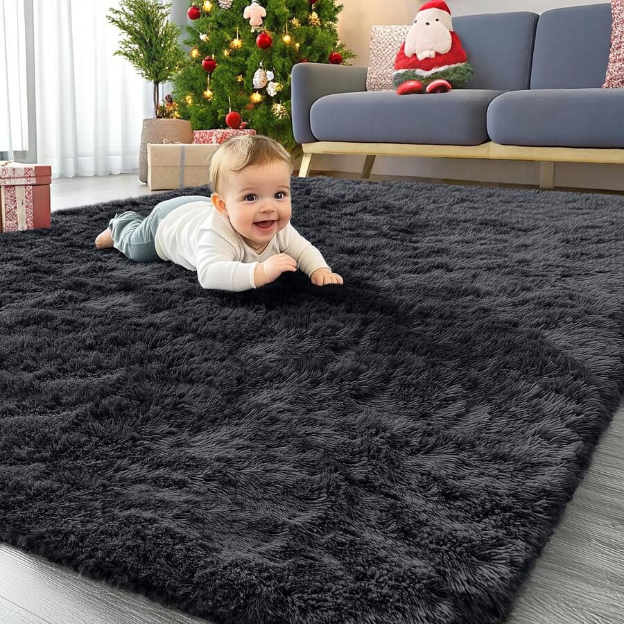 Homaxy hoogpolig pluizig vloerkleed met antislip onderkant wasbaar vloerkleed voor woonkamer kinderkamer slaapkamer 120 x 160 cm zwart