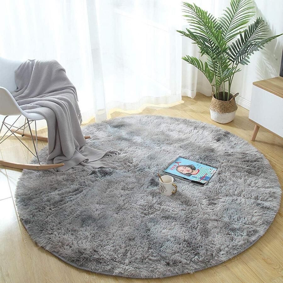 Hoogpolig rond tapijt voor woonkamer grijs wit diameter 100 cm