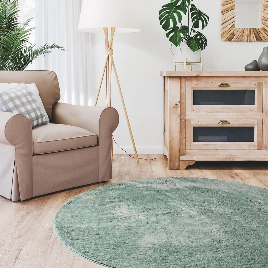 Hoogpolig rond tapijt 120 x 120 cm Pluizig wasbaar antislip in groen