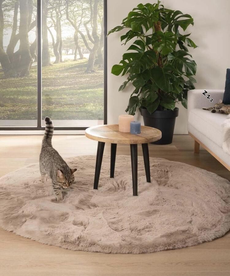 Hoogpolig Rond Taupe Vloerkleed Zacht en Fluffy Tapijt voor Woonkamer en Slaapkamer 80 cm