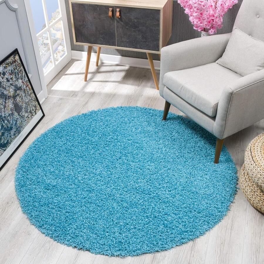 Hoogpolig rond vloerkleed aqua moderne tapijten voor woonkamer-slaapkamer-eetkamer-kinderkamer 120x120 cm