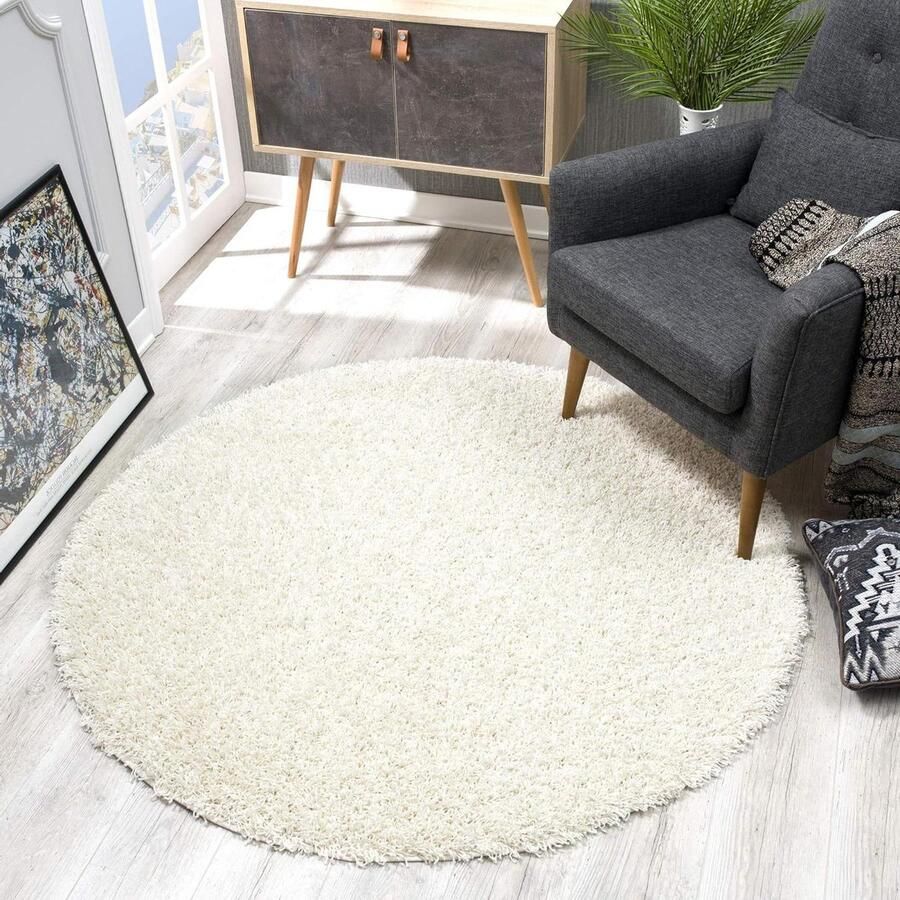 Rond hoogpolig vloerkleed crème modern tapijt voor woonkamer slaapkamer 120x120 cm