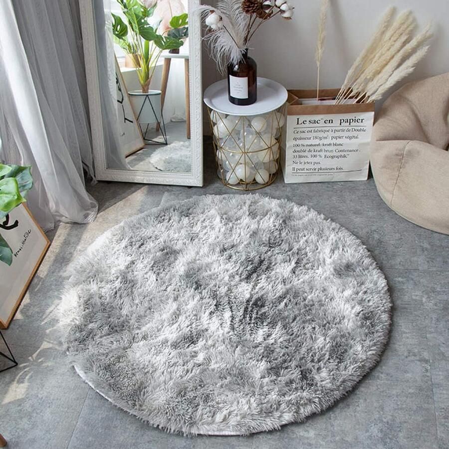 Hoogpolig rond vloerkleed Modern interieurdecoratie 140 cm Grijs wit