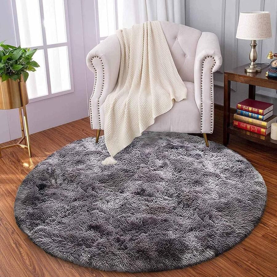 Harig hoogpolig rond vloerkleed moderne woonkamer slaapkamer tapijt comfortabele shaggy interieurdecoratie grijs-zwart 160 cm