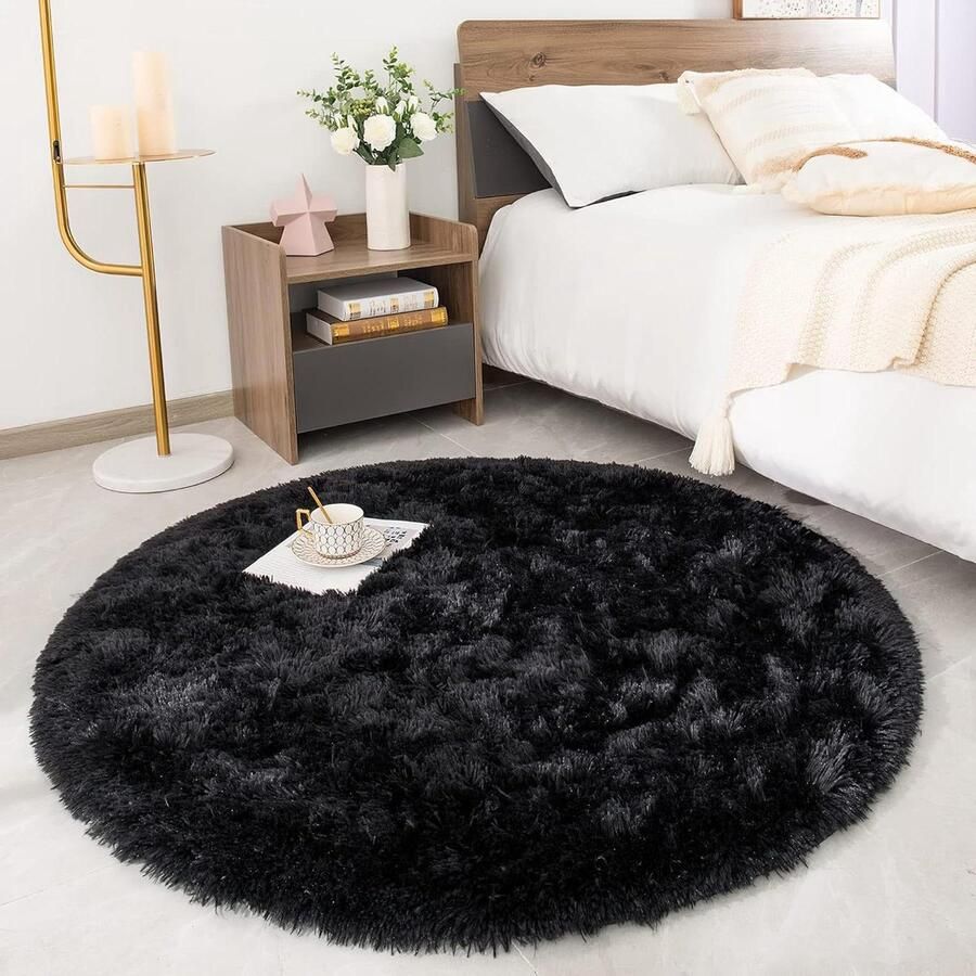 Hoogpolig tapijt rond woonkamer super zacht shaggy tapijt pluizig Soft Area Vloerkleed slaapkamer super zacht wollig kindermat zwart 200 x 200 cm vloerkleed