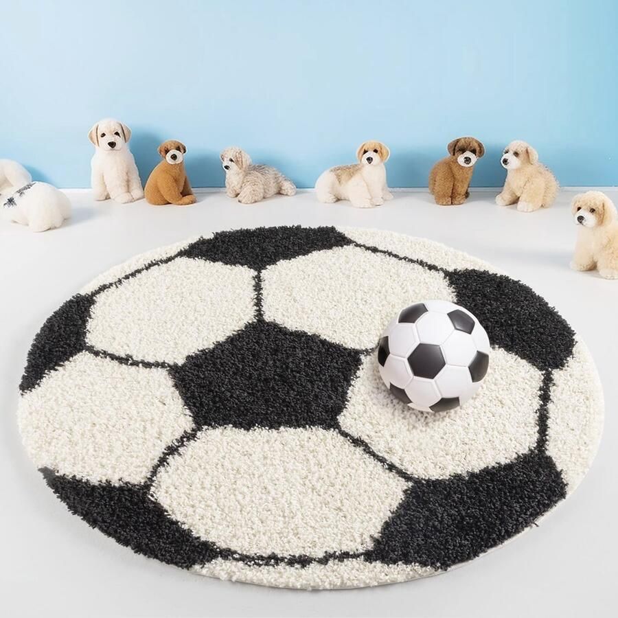 Hoogpolig Ronde Kindertapijt Voetbal Design 100 cm Vloerkleed voor Kinderkamer