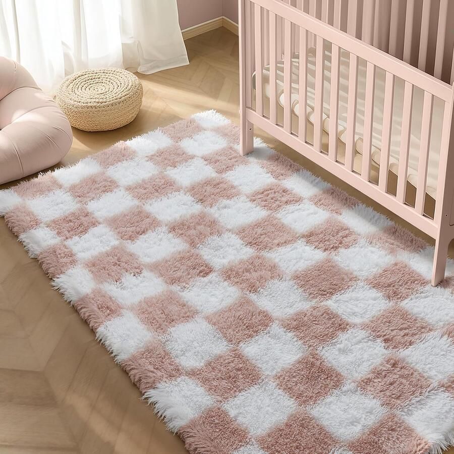 Hoogpolig Shaggy Tapijt 120x180cm Roze Wit Antislip voor Woonkamer en Kinderkamer