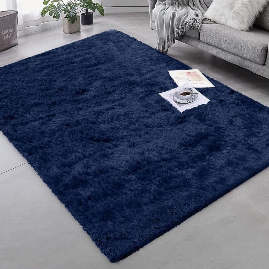 Hoogpolig Tapijt voor Woonkamer Modern Pluizig Tapijt Antislip 60 cm x 110 cm Marineblauw