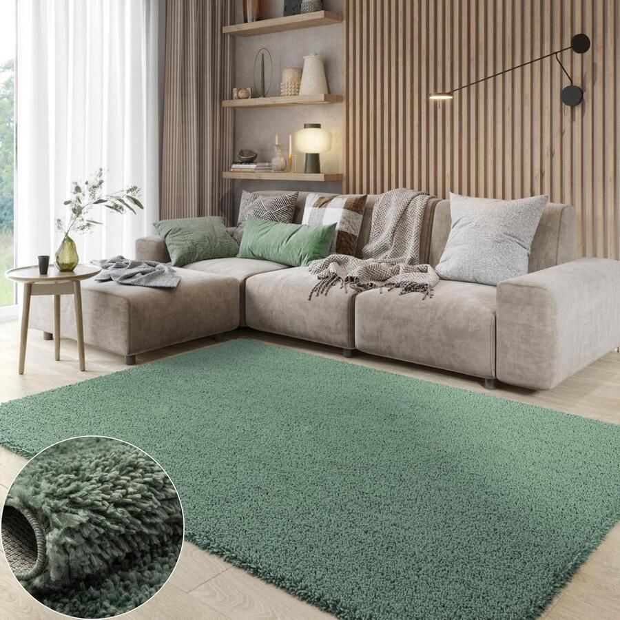 Hoogpolig shaggy tapijt rechthoekig in groen 180 x 120 cm slaapkamer tapijt langpolig voordelig