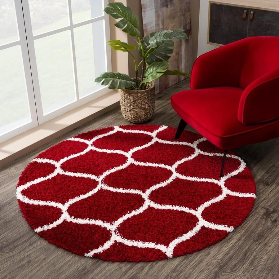 Madrid Shaggy Rug Round High Pile Rugs for Living Room Bedroom Kitchen Red 80 cm Size