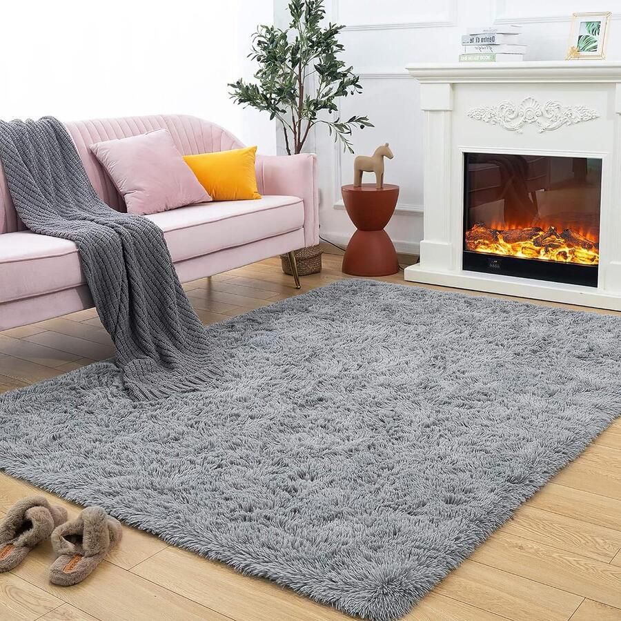 Hoogpolig superzacht langharig wollig tapijt comfortabele plek woonkamer slaapkamer fluffy vloerkleed kinderen grijs 160 x 230 cm