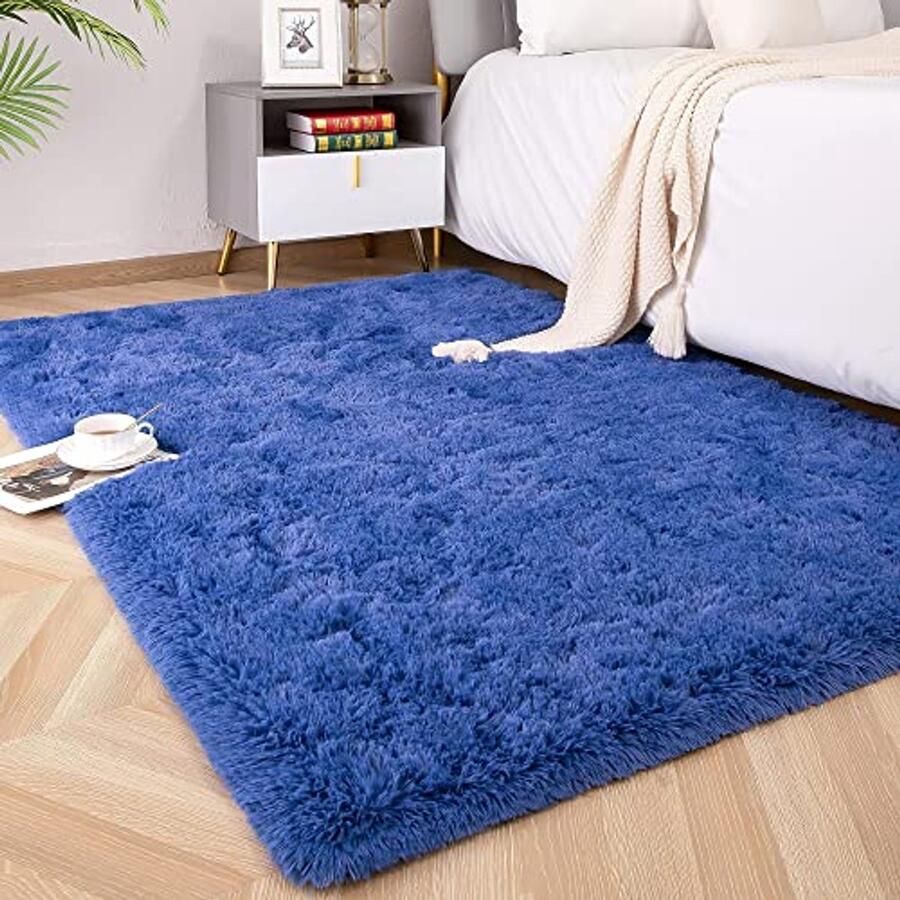 Hoogpolig tapijt 160x230 cm koningsblauw wasbaar en antislip voor slaapkamer en woonkamer