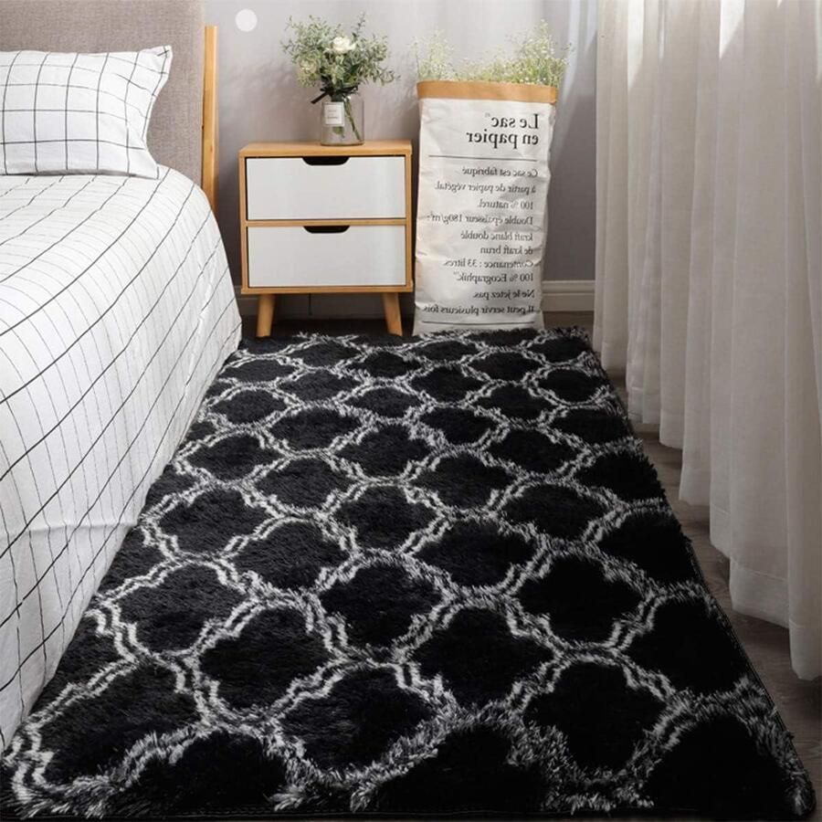 Hoogpolig tapijt Pluizig tapijt voor woon- of slaapkamer Modern zwart 80 x 120 cm