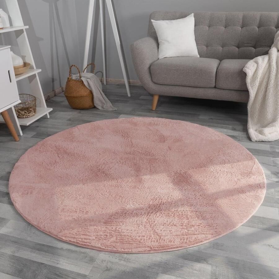 Hoogpolig Tapijt Rond 100 cm Modern Fluffy en Onderhoudsvriendelijk in Roze