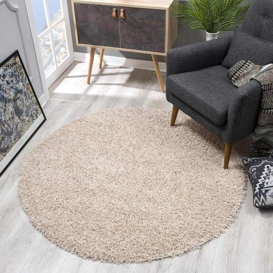 Hoogpolig tapijt rond beige modern hoogpolig tapijt voor woonkamer-slaapkamer-eetkamer en kinderkamer 120x120 cm