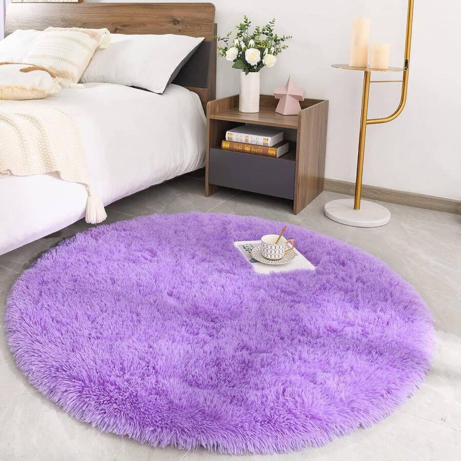 Hoogpolig tapijt rond woonkamer super zacht langharig wollig tapijt voor een comfortabele plek in de woonkamer en slaapkamer fluffy vloerkleed voor kinderen (paars 120 x 120 cm)