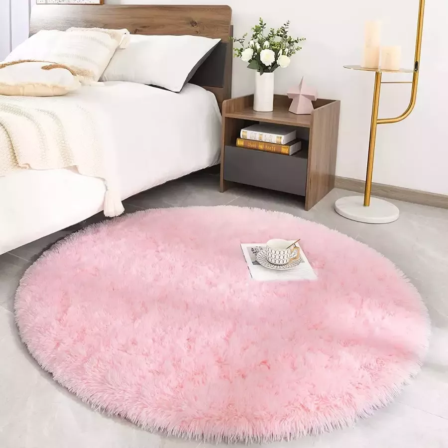 Hoogpolig tapijt rond woonkamer super zacht shaggy tapijt pluizig Soft Area tapijt slaapkamer tapijten super zacht pluizige kindermat (roze 100 x 100 cm)