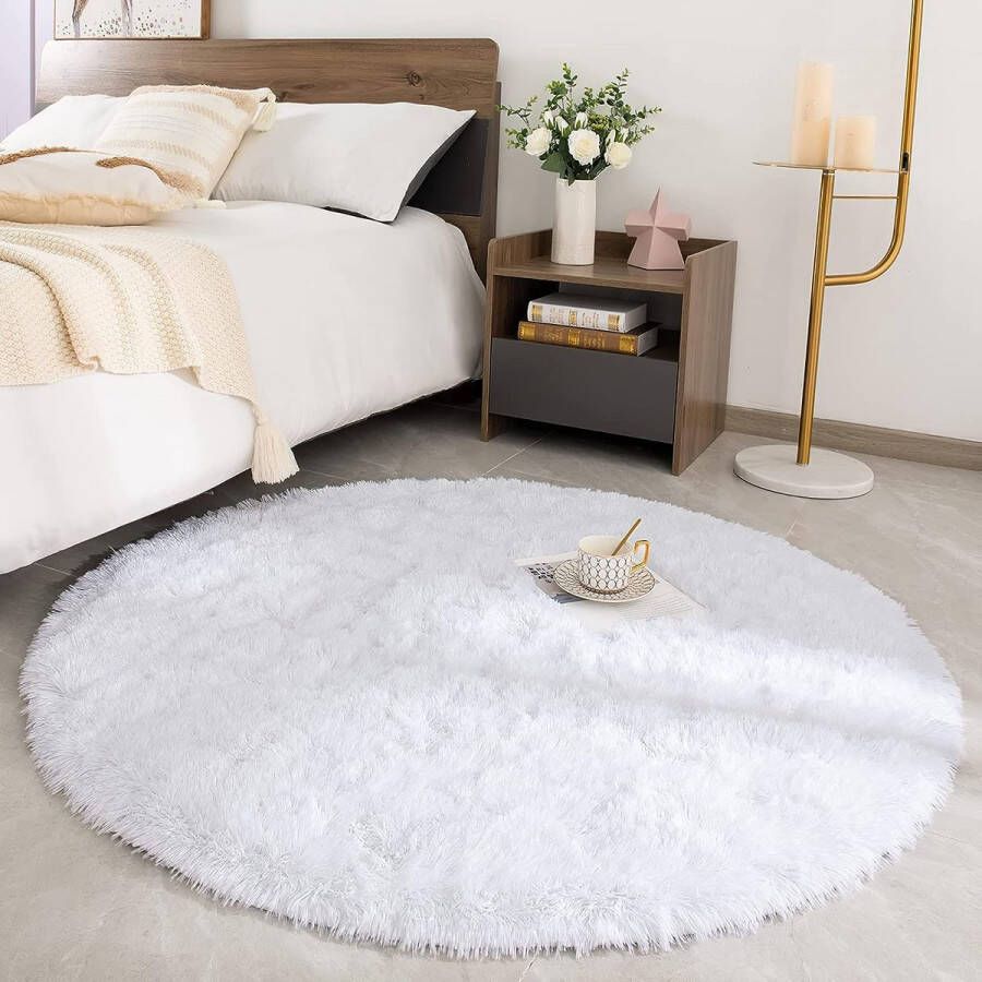 Hoogpolig tapijt rond woonkamer super zacht shaggy tapijt pluizig Soft Area Vloerkleed voor de slaapkamer super zacht wollig kindermat (wit 120 x 120 cm)