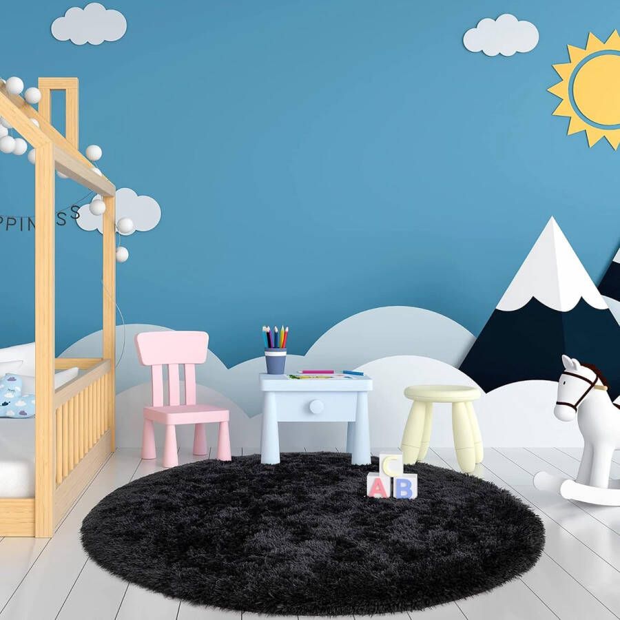 Hoogpolig tapijt rond woonkamer super zacht shaggy tapijt pluizig Soft Area Vloerkleed voor de slaapkamer super zacht wollig kindermat (zwart 200 x 200 cm)