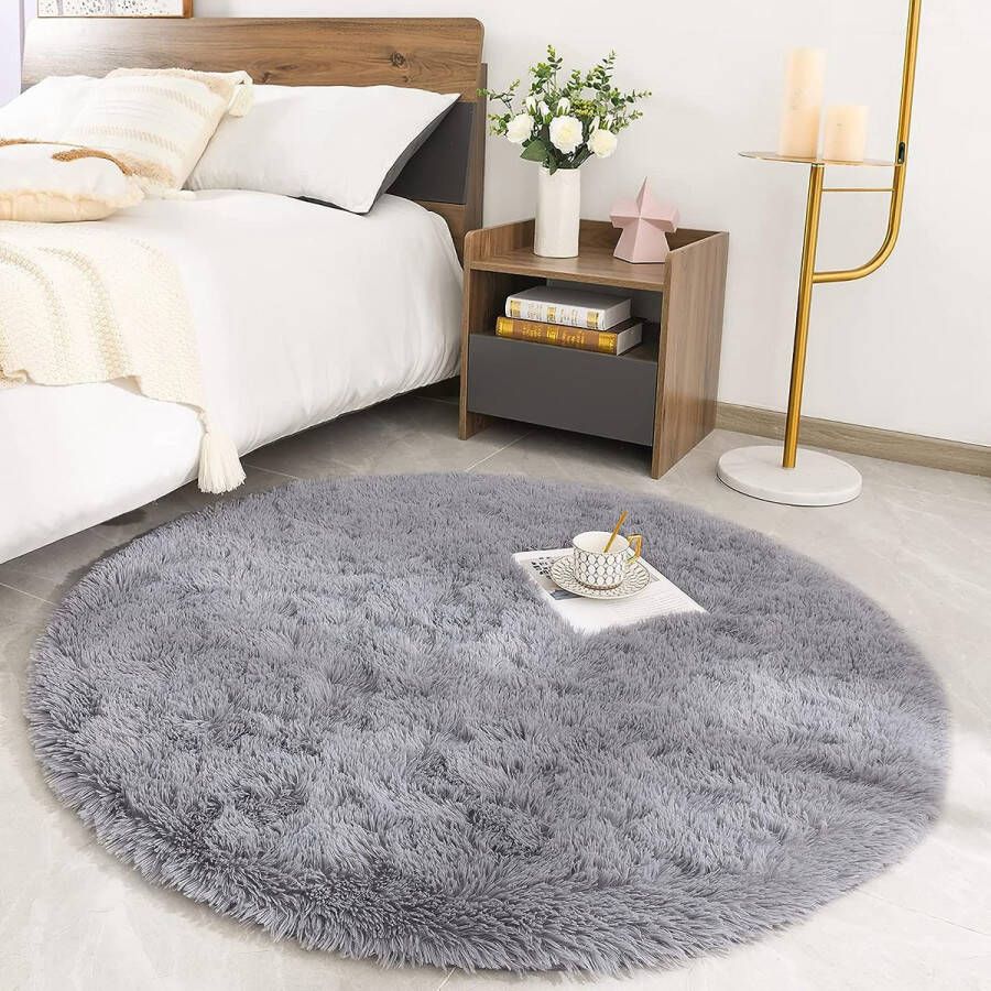 Hoogpolig tapijt rond woonkamer super zacht shaggy tapijt wollig Soft Area Vloerkleed slaapkamer pluizige kindermat (grijs 120 x 120 cm)