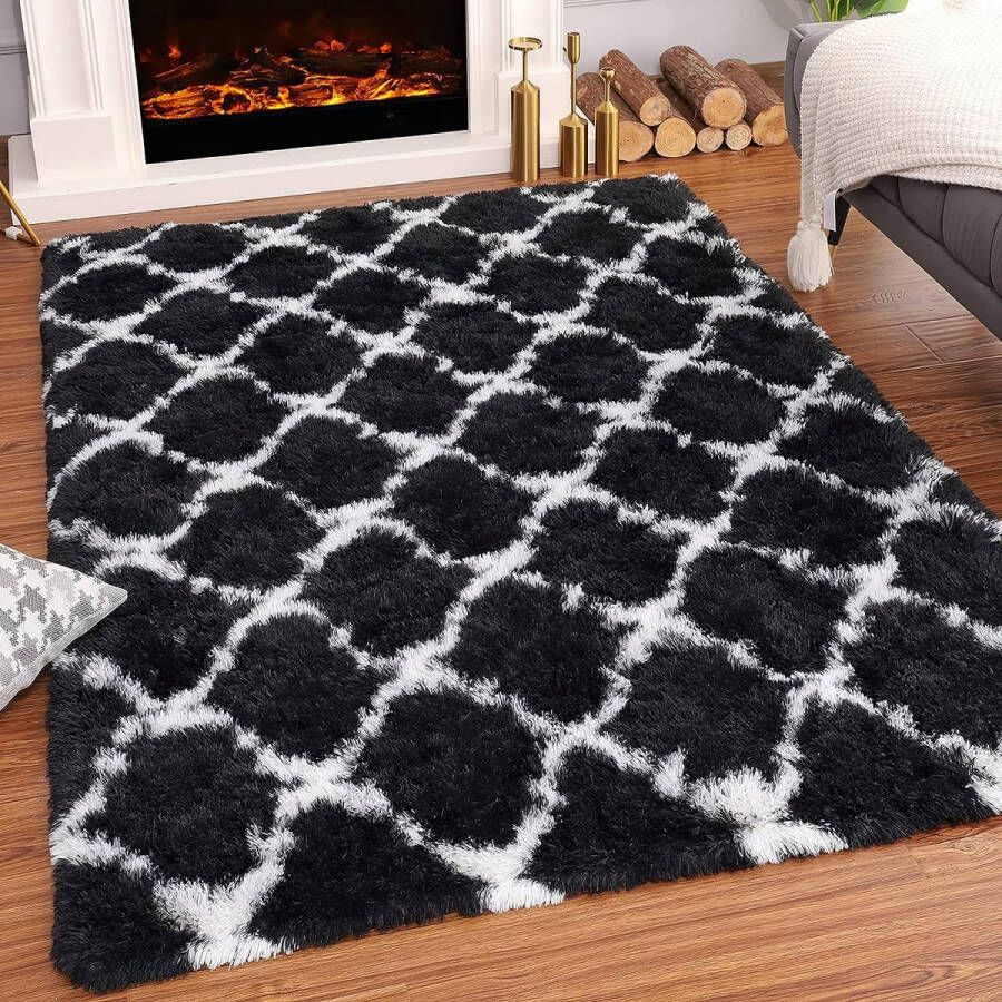 Hoogpolig tapijt super zacht langharig wollig tapijt voor een comfortabele plek in de woonkamer en slaapkamer fluffy vloerkleed voor kinderen (zwart raster 60 x 100 cm)