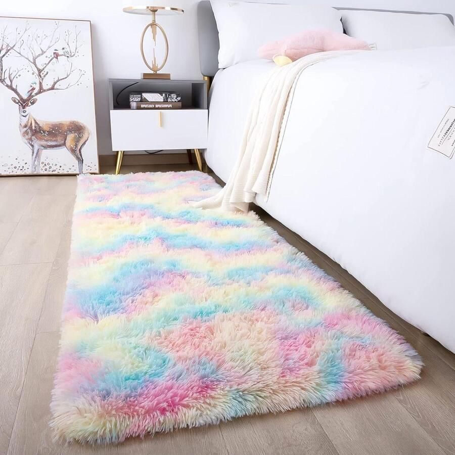 Hoogpolig tapijt superzacht shaggy pluizig regenboog 80 x 150 cm Rohatim