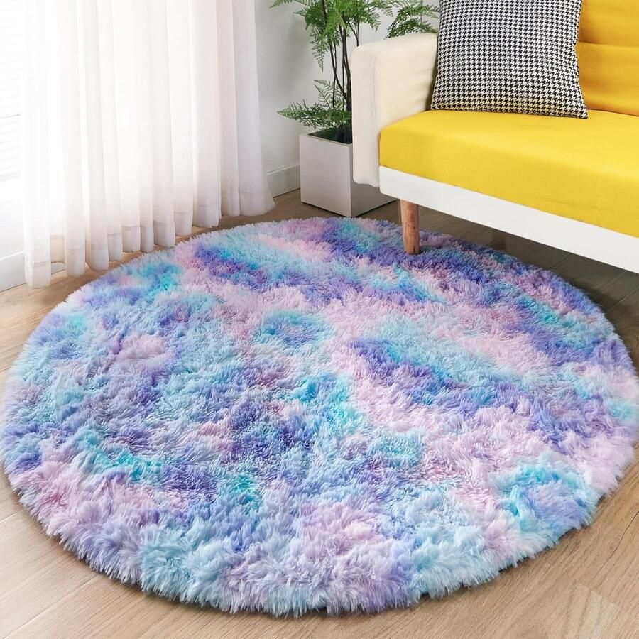 Hoogpolig tapijt voor de woonkamer wasbaar antislip modern wollig behaaglijk tapijt voor woonkamer slaapkamer kinderkamer Blauwe kleur diameter 140cm