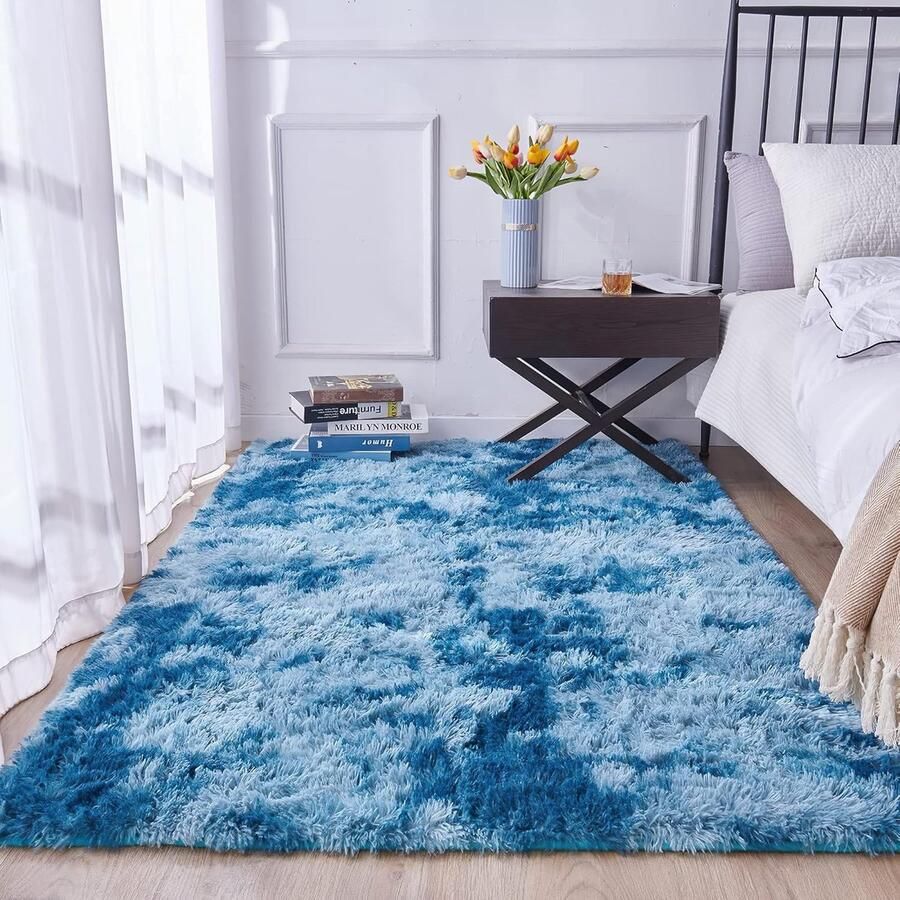 Hoogpolig tapijt voor de woonkamer wasbaar antislip modern wollig behaaglijk tapijt voor woonkamer slaapkamer kinderkamer Lichtblauw 160cm*230cm