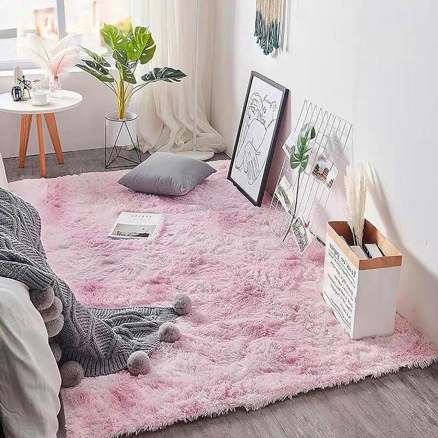Hoogpolig tapijt wasbaar 80 x 160 cm modern antislip onderkant zacht tapijt groot vloerkleed woonkamer slaapkamer lichtroze