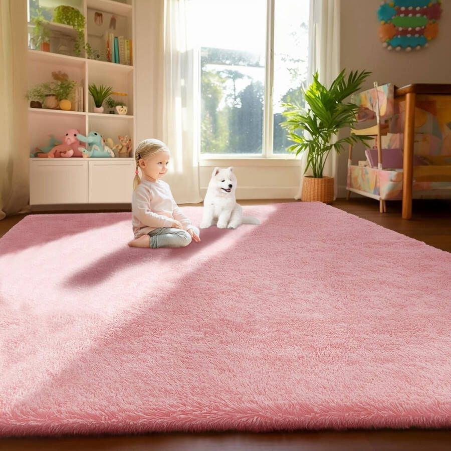 Hoogpolig tapijt woonkamer wasbaar anti-slip (roze 160x230cm)