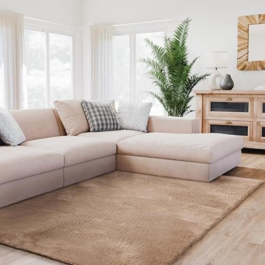 Hoogpolig Taupe Vloerkleed 140x200 cm Zacht Wasbaar en Antislip