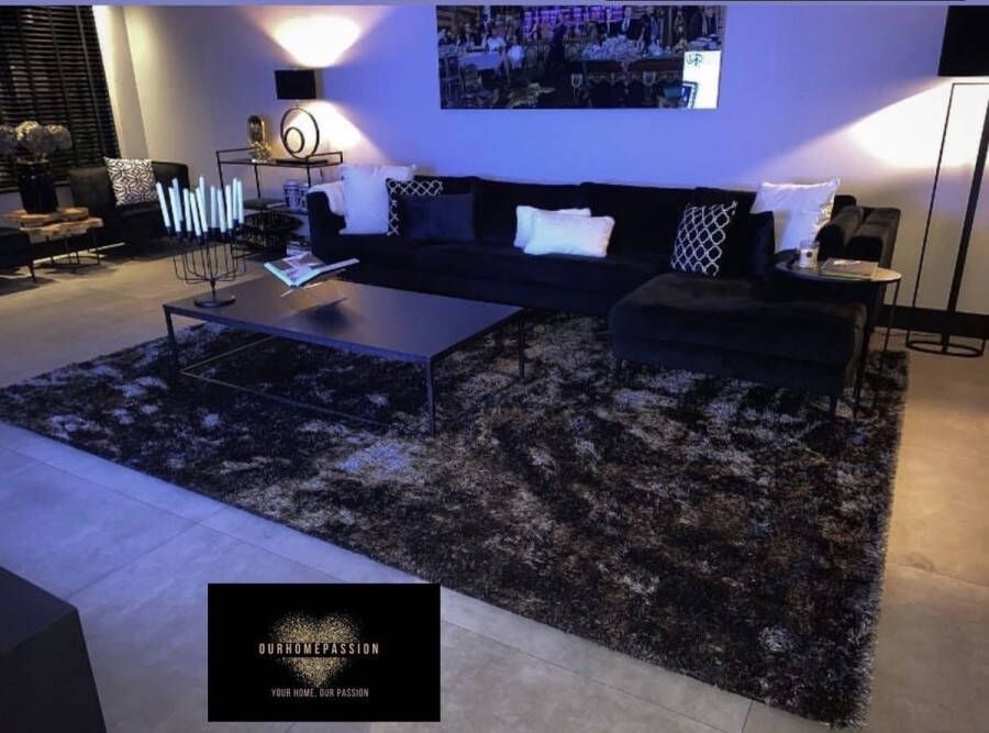 Hoogpolig vloerkleed eric kuster style zwart zilver