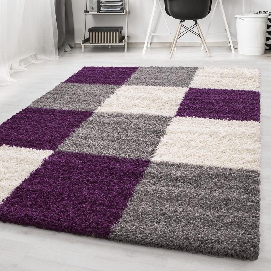 Flycarpets Hoogpolig vloerkleed met ruitpatroon paarse kleur geschikt voor de woonkamer met een jute achterkant afmetingen: 200 cm x 290 cm - Foto 4