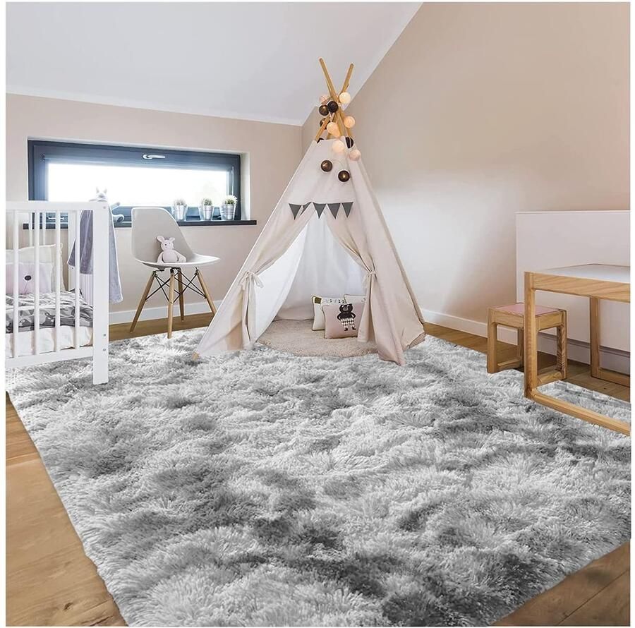 Hoogpolig Vloerkleed Lichtgrijs Modern en Wasbaar 120 x 200 cm