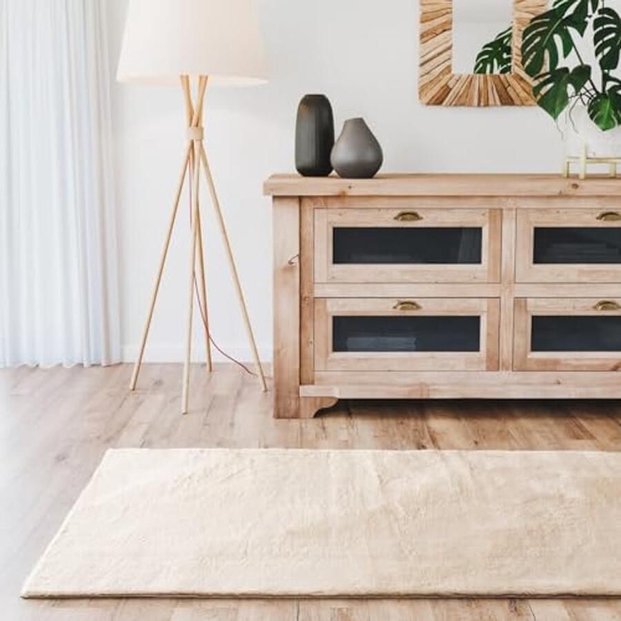 Hoogpolig vloerkleed voor woonkamer 80x300 cm Beige Zacht en wasbaar met antislip achterkant