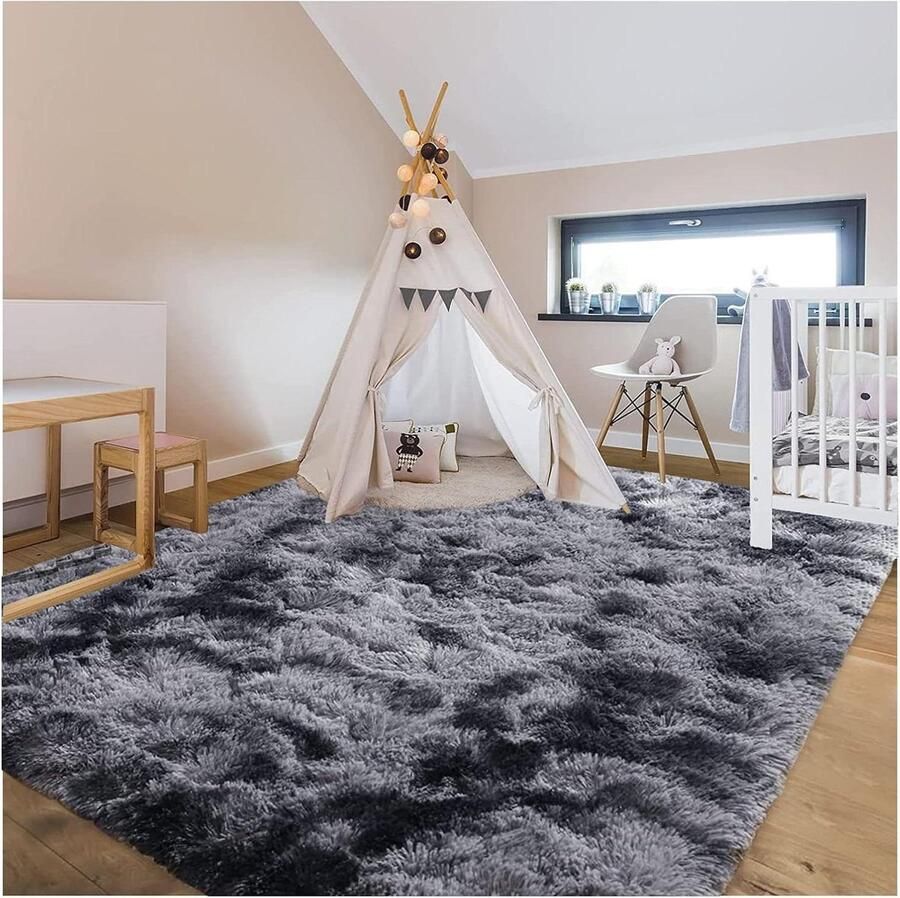 Hoogpolig wasbaar vloerkleed 120 x 200 cm modern slaapkamer tapijt groot antislip donkergrijs