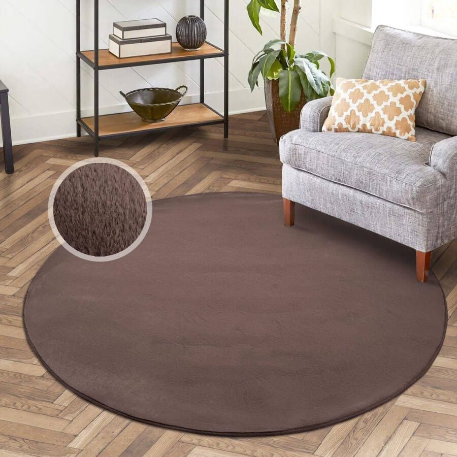 Hoogpolig woonkamertapijt – effen donker taupe – 120 x 120 cm rond – superzacht polyester pluizige pool – bonttapijten voor slaapkamer kinderkamer tienerkamer