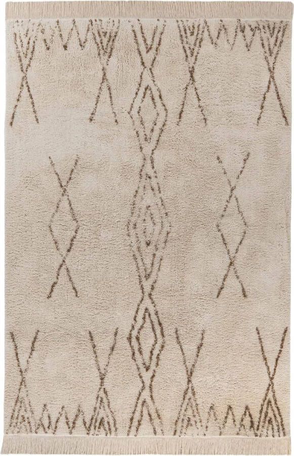 Hoogpoll tapijt shaggy katoen moderne boho-look voor slaapkamer met discrete patroon en franjes in oker geldbeige afmeting 120 x 170 cm