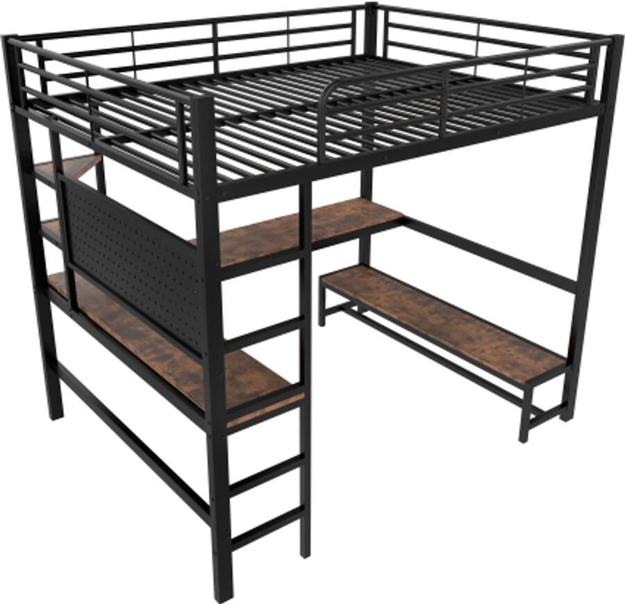 Hoogslaper 140 x 200 cm ijzeren frame bureau leuning trapladder meerdere legplanken met USB+Type-C aansluiting met LED-strip met prikbord zonder matras zwart