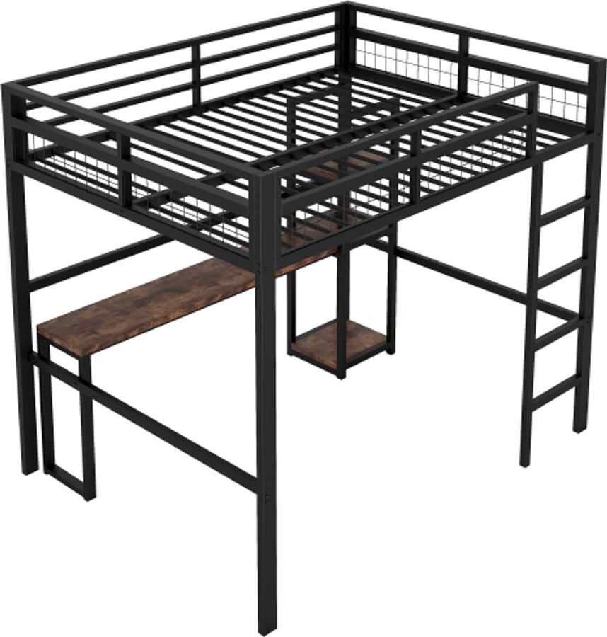 Hoogslaper 140 x 200 cm ijzeren frame meerdere legplanken bureau met stopcontact met USB Type-C leuning trapladder zonder matras zwart