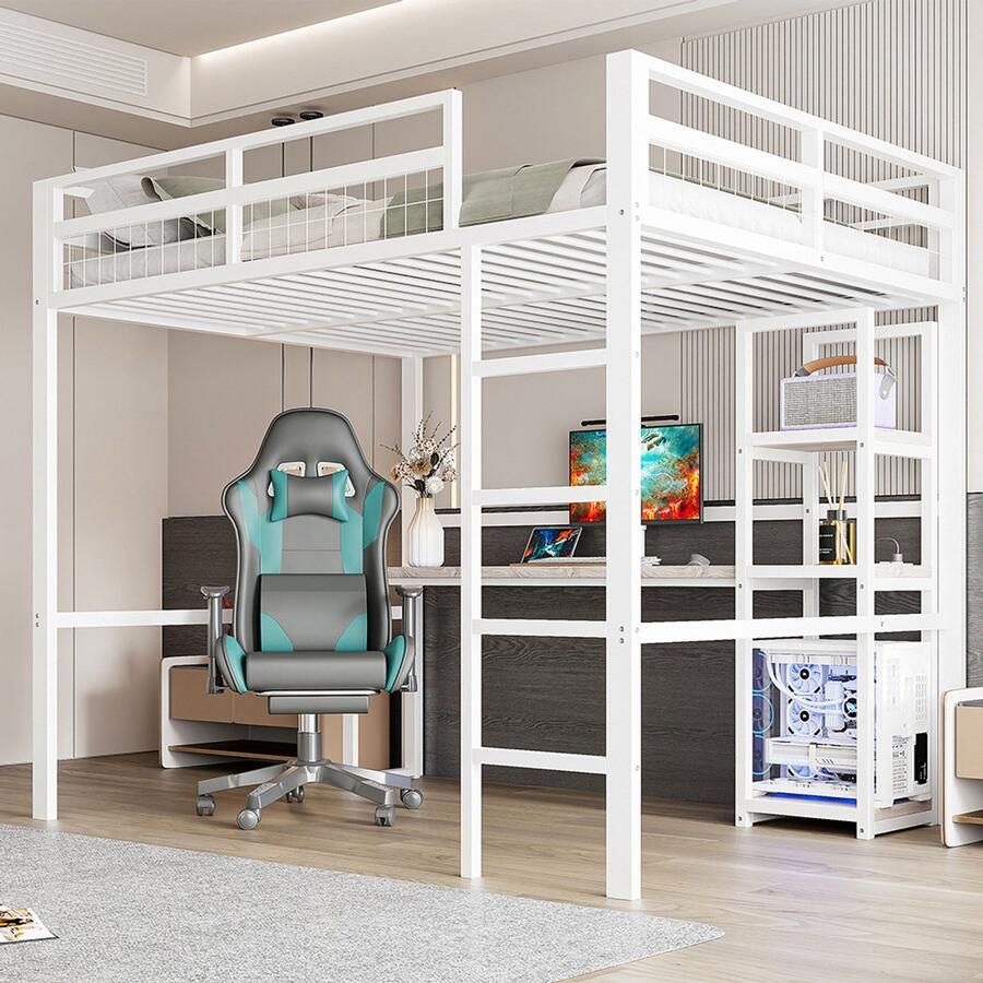 Pugsdrly Hoogslaper 140 x 200 cm ijzeren frame meerdere planken bureau met stopcontact met USB type C reling ladder zonder matras wit